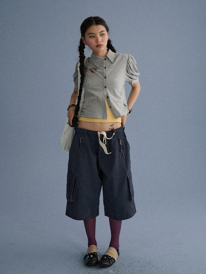 Achihara 100 Percent Cotton Pocket Commuter Natural Waist Girls Navy Grey Wide-Leg Pants