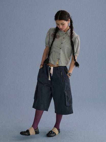 Achihara 100 Percent Cotton Pocket Commuter Natural Waist Girls Navy Grey Wide-Leg Pants