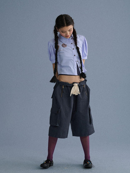 Achihara 100 Percent Cotton Pocket Commuter Natural Waist Girls Navy Grey Wide-Leg Pants