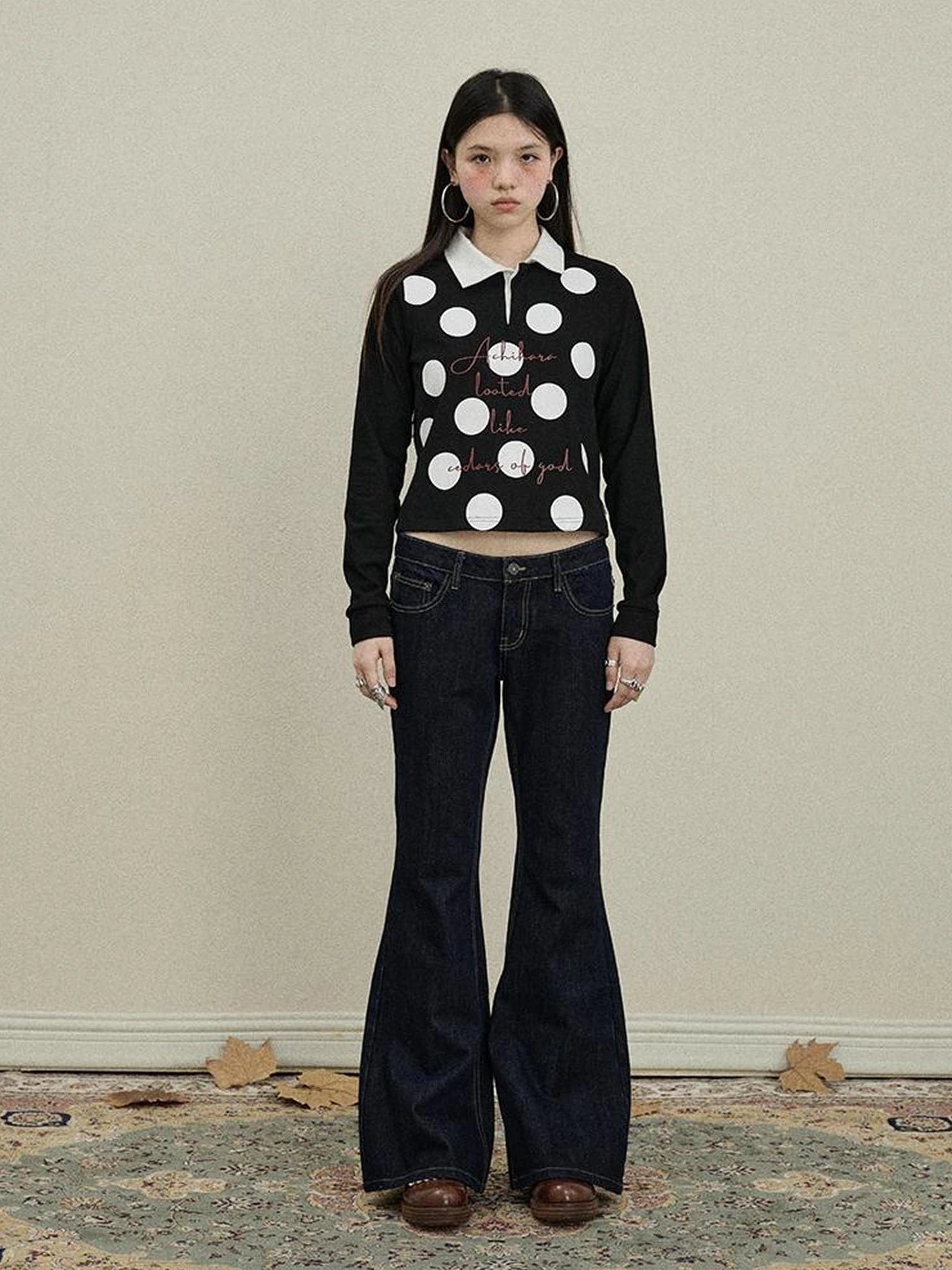 Achihara 100 Percent Cotton Polka Dot Long Sleeve Polo Collar Women Straight Fit T-Shirt