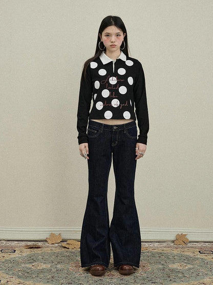 Achihara 100 Percent Cotton Polka Dot Long Sleeve Polo Collar Women Straight Fit T-Shirt