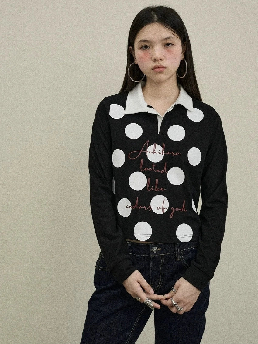 Achihara 100 Percent Cotton Polka Dot Long Sleeve Polo Collar Women Straight Fit T-Shirt
