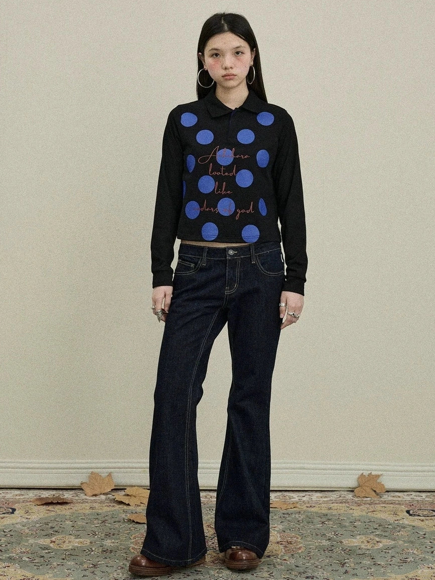 Achihara 100 Percent Cotton Polka Dot Long Sleeve Polo Collar Women Straight Fit T-Shirt