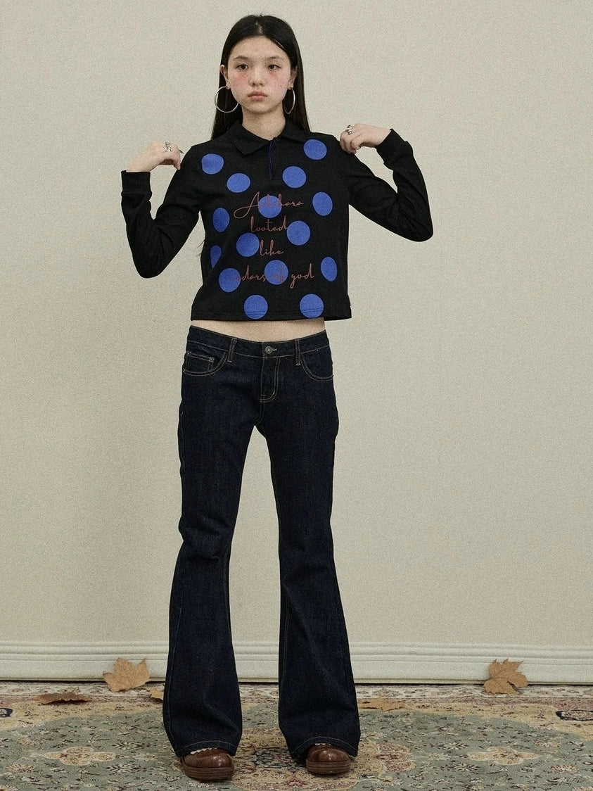 Achihara 100 Percent Cotton Polka Dot Long Sleeve Polo Collar Women Straight Fit T-Shirt