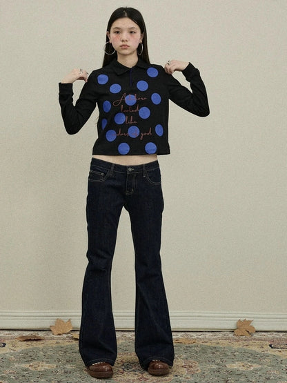 Achihara 100 Percent Cotton Polka Dot Long Sleeve Polo Collar Women Straight Fit T-Shirt