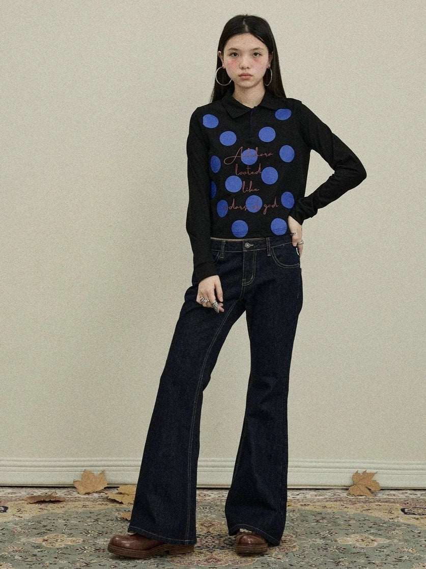 Achihara 100 Percent Cotton Polka Dot Long Sleeve Polo Collar Women Straight Fit T-Shirt