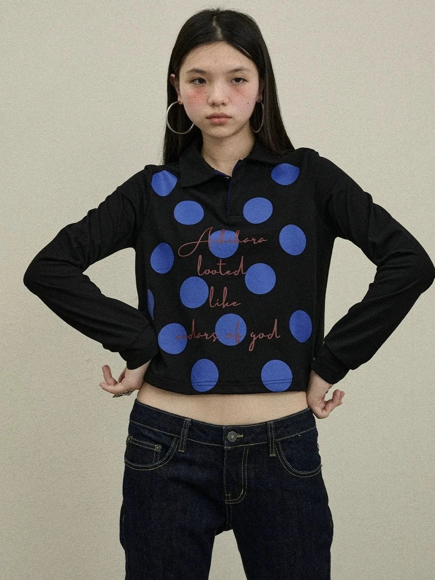 Achihara 100 Percent Cotton Polka Dot Long Sleeve Polo Collar Women Straight Fit T-Shirt