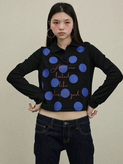 Achihara 100 Percent Cotton Polka Dot Long Sleeve Polo Collar Women Straight Fit T-Shirt