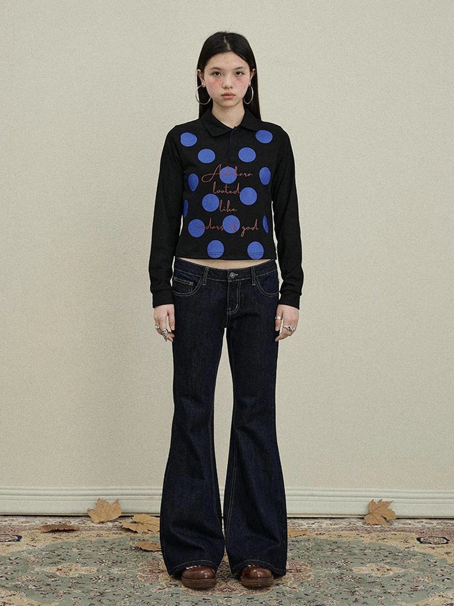 Achihara 100 Percent Cotton Polka Dot Long Sleeve Polo Collar Women Straight Fit T-Shirt