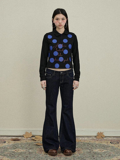 Achihara 100 Percent Cotton Polka Dot Long Sleeve Polo Collar Women Straight Fit T-Shirt