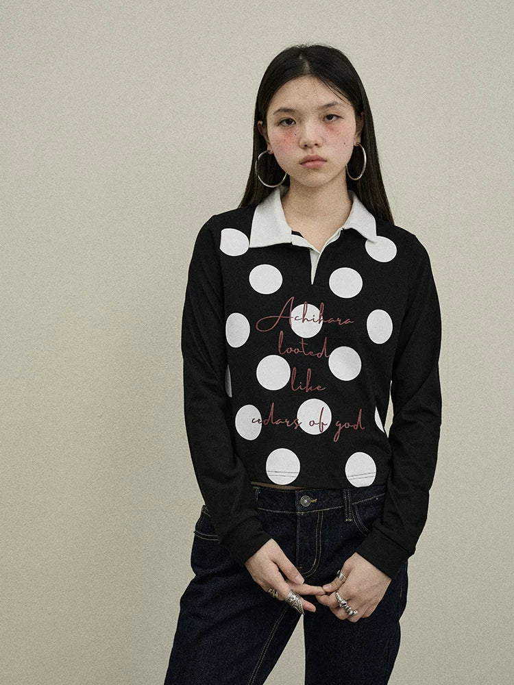Achihara 100 Percent Cotton Polka Dot Long Sleeve Polo Collar Women Straight Fit T-Shirt-4