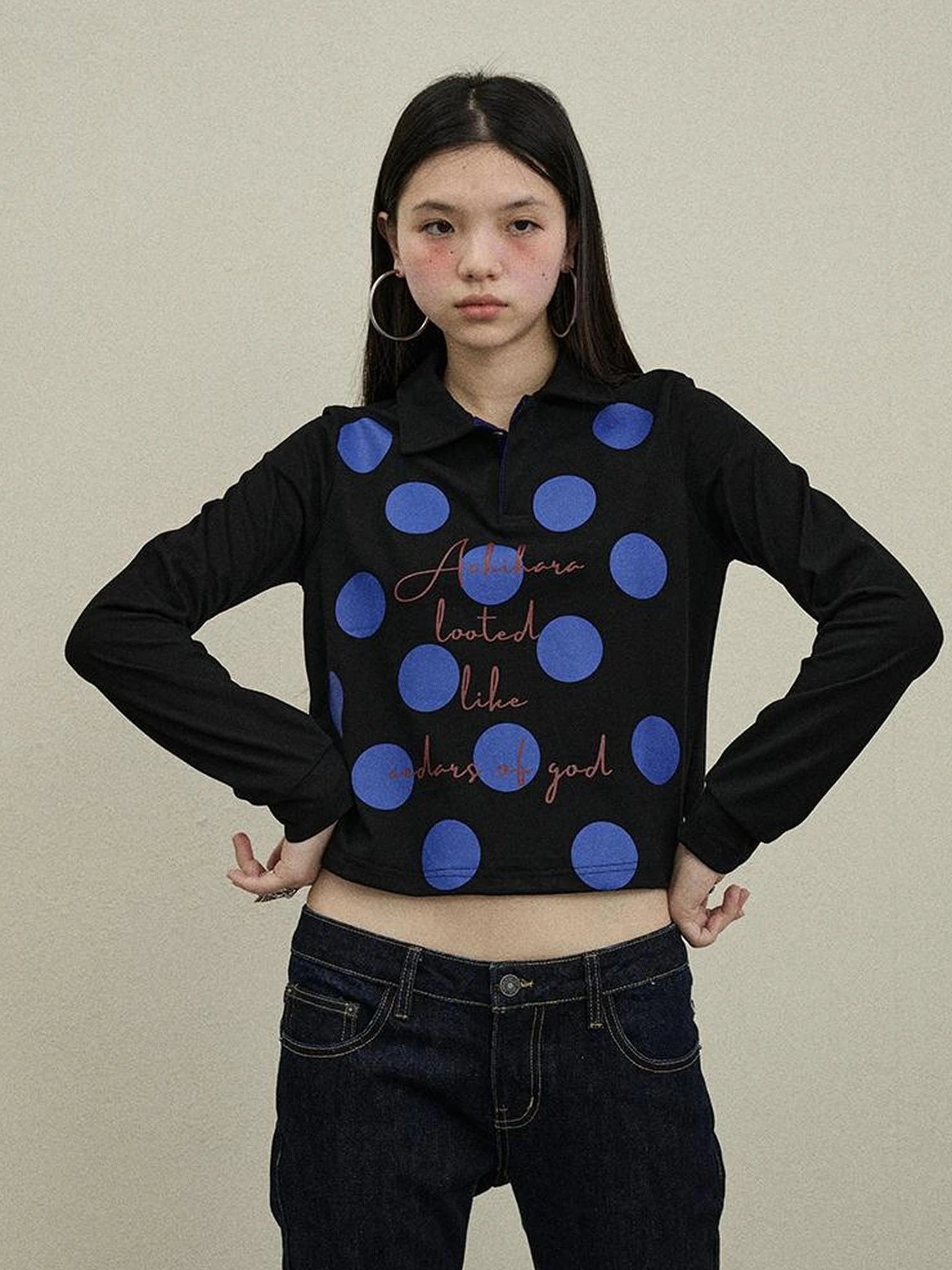 Achihara 100 Percent Cotton Polka Dot Long Sleeve Polo Collar Women Straight Fit T-Shirt