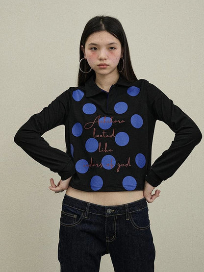 Achihara 100 Percent Cotton Polka Dot Long Sleeve Polo Collar Women Straight Fit T-Shirt