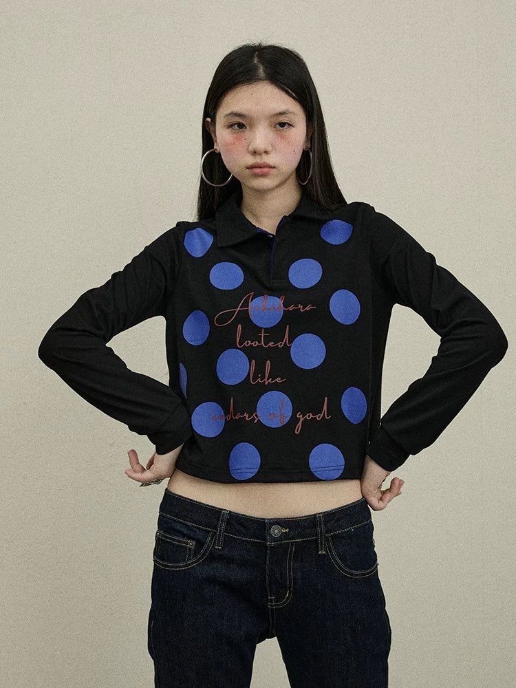 Achihara 100 Percent Cotton Polka Dot Long Sleeve Polo Collar Women Straight Fit T-Shirt-5