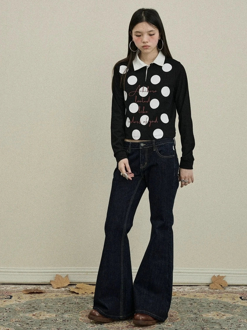 Achihara 100 Percent Cotton Polka Dot Long Sleeve Polo Collar Women Straight Fit T-Shirt