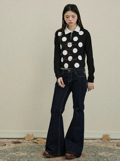 Achihara 100 Percent Cotton Polka Dot Long Sleeve Polo Collar Women Straight Fit T-Shirt