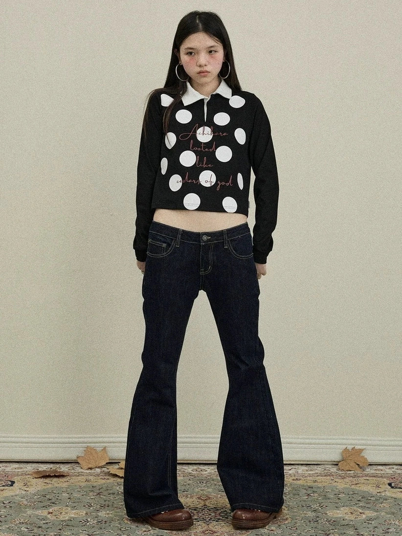 Achihara 100 Percent Cotton Polka Dot Long Sleeve Polo Collar Women Straight Fit T-Shirt