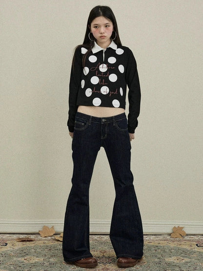 Achihara 100 Percent Cotton Polka Dot Long Sleeve Polo Collar Women Straight Fit T-Shirt