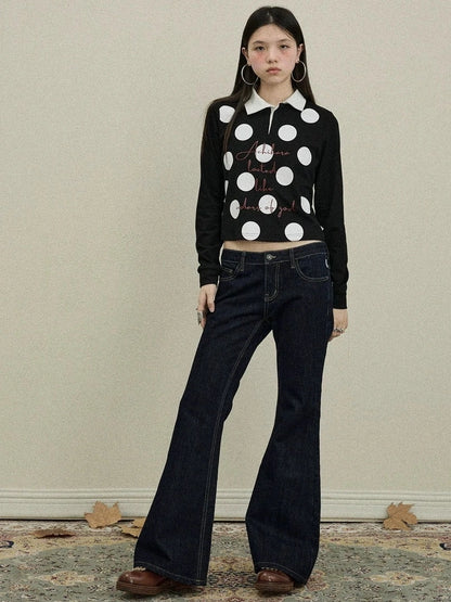 Achihara 100 Percent Cotton Polka Dot Long Sleeve Polo Collar Women Straight Fit T-Shirt