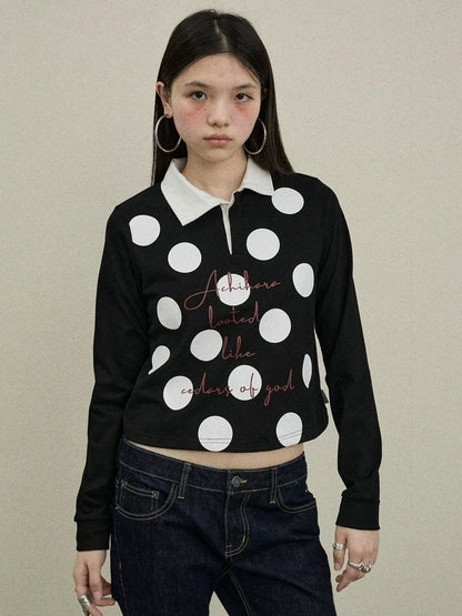 Achihara 100 Percent Cotton Polka Dot Long Sleeve Polo Collar Women Straight Fit T-Shirt
