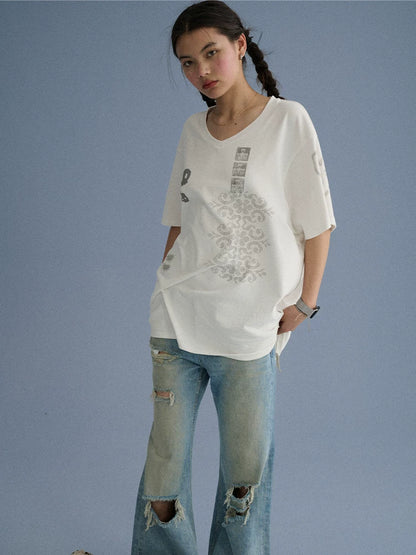 Achihara 100 Percent Cotton Skull Print Loose V-neck Women White Short Sleeve T-Shirts-5