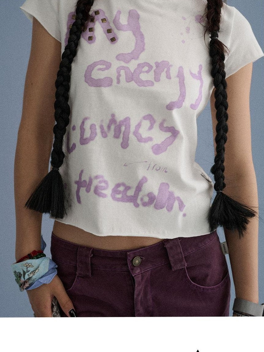 Achihara 100 Percent Cotton Slim Short Sleeve Roundneck Office Letter Print Tee Crop Tops