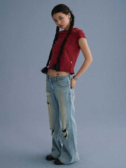 Achihara 100 Percent Cotton Slim Short Sleeve Roundneck Office Letter Print Tee Crop Tops