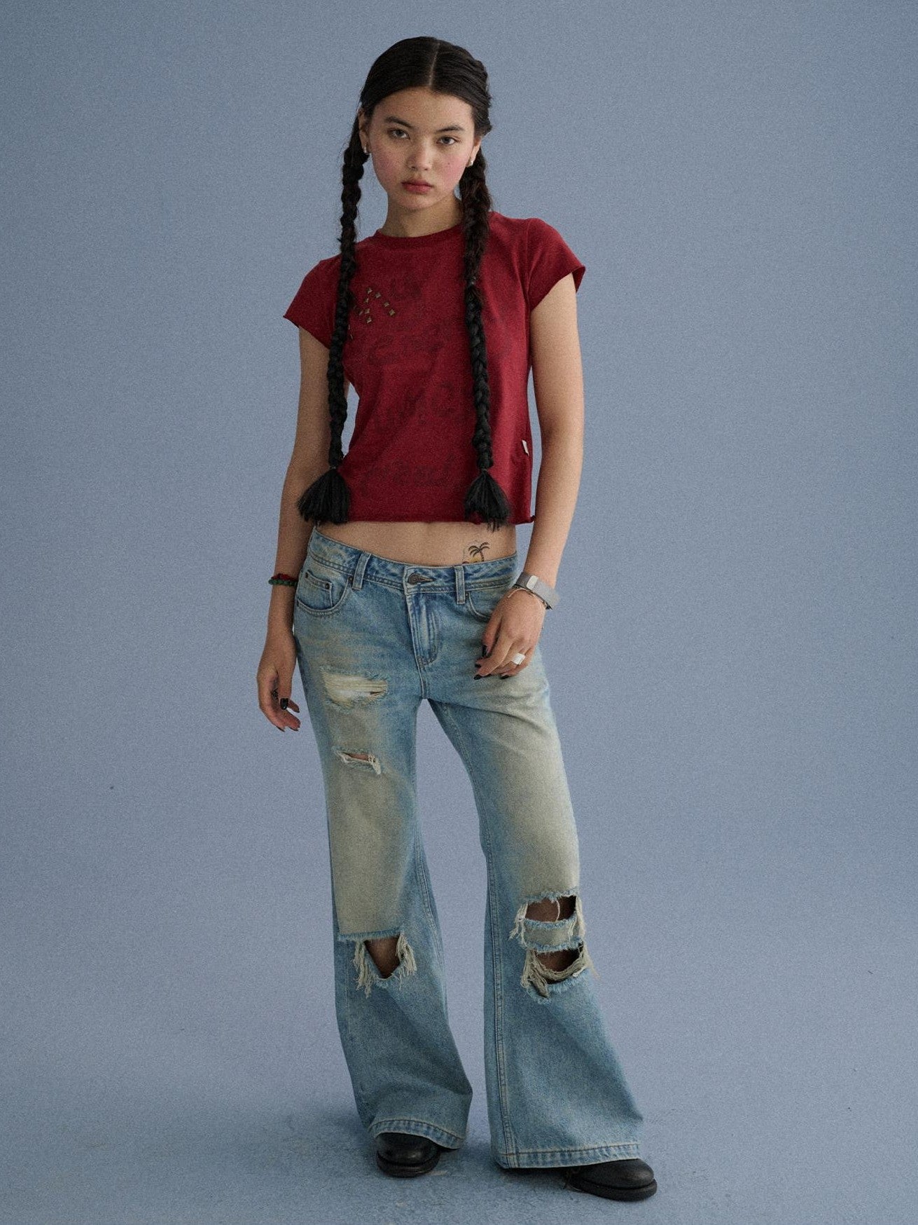 Achihara 100 Percent Cotton Slim Short Sleeve Roundneck Office Letter Print Tee Crop Tops