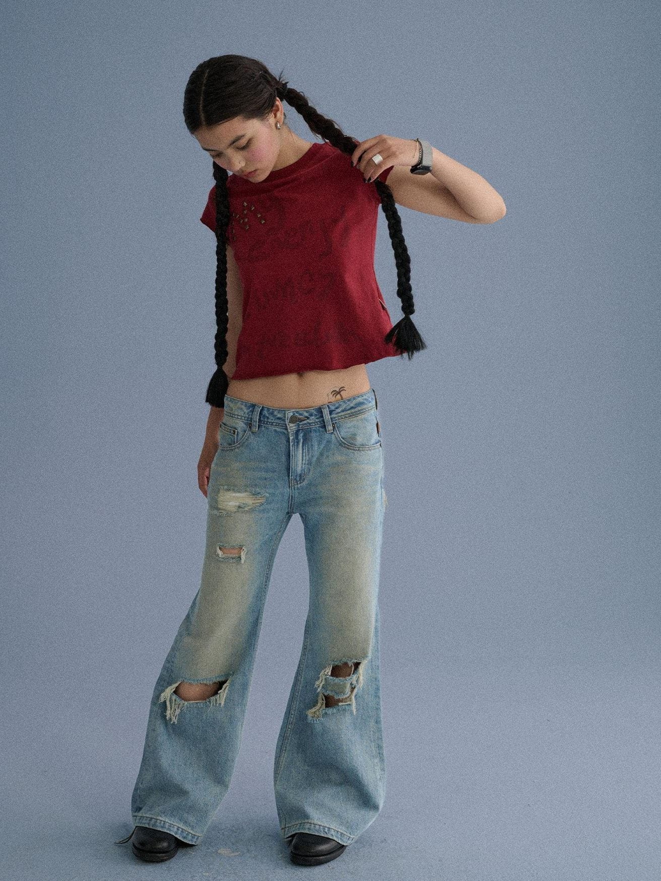 Achihara 100 Percent Cotton Slim Short Sleeve Roundneck Office Letter Print Tee Crop Tops