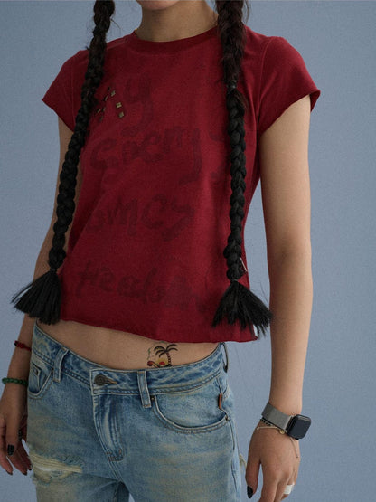Achihara 100 Percent Cotton Slim Short Sleeve Roundneck Office Letter Print Tee Crop Tops