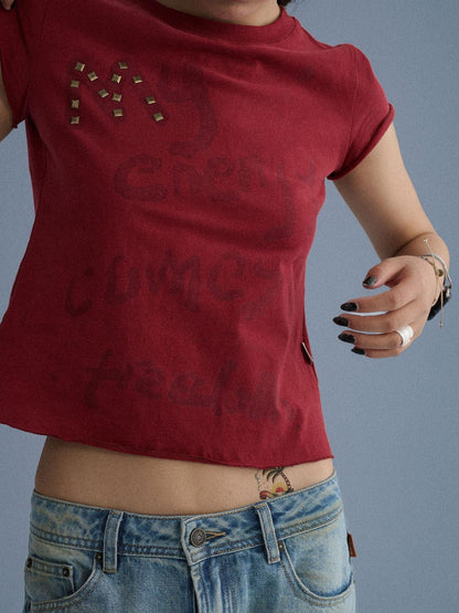 Achihara 100 Percent Cotton Slim Short Sleeve Roundneck Office Letter Print Tee Crop Tops