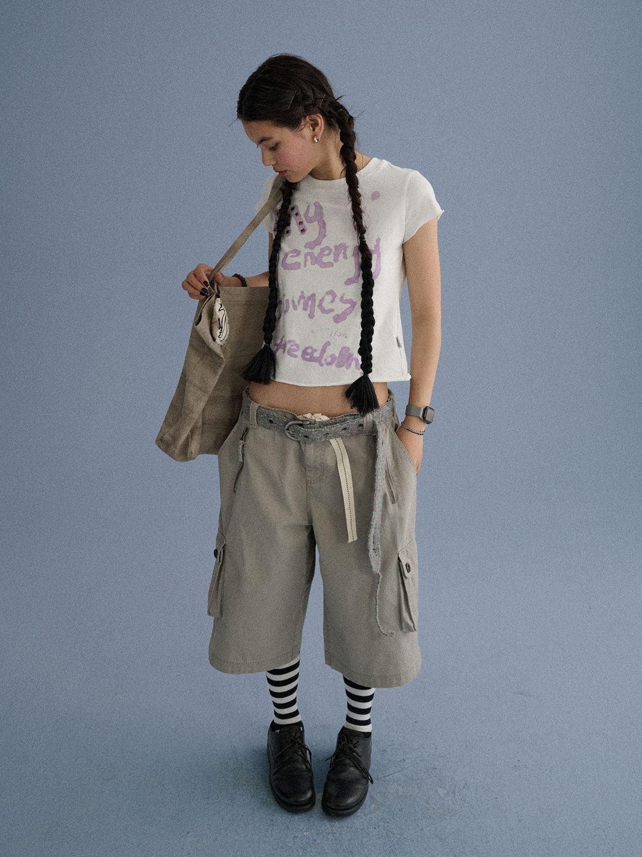 Achihara 100 Percent Cotton Slim Short Sleeve Roundneck Office Letter Print Tee Crop Tops