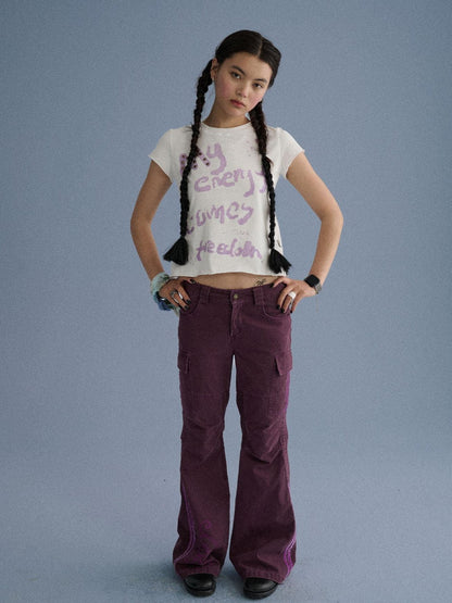 Achihara 100 Percent Cotton Slim Short Sleeve Roundneck Office Letter Print Tee Crop Tops