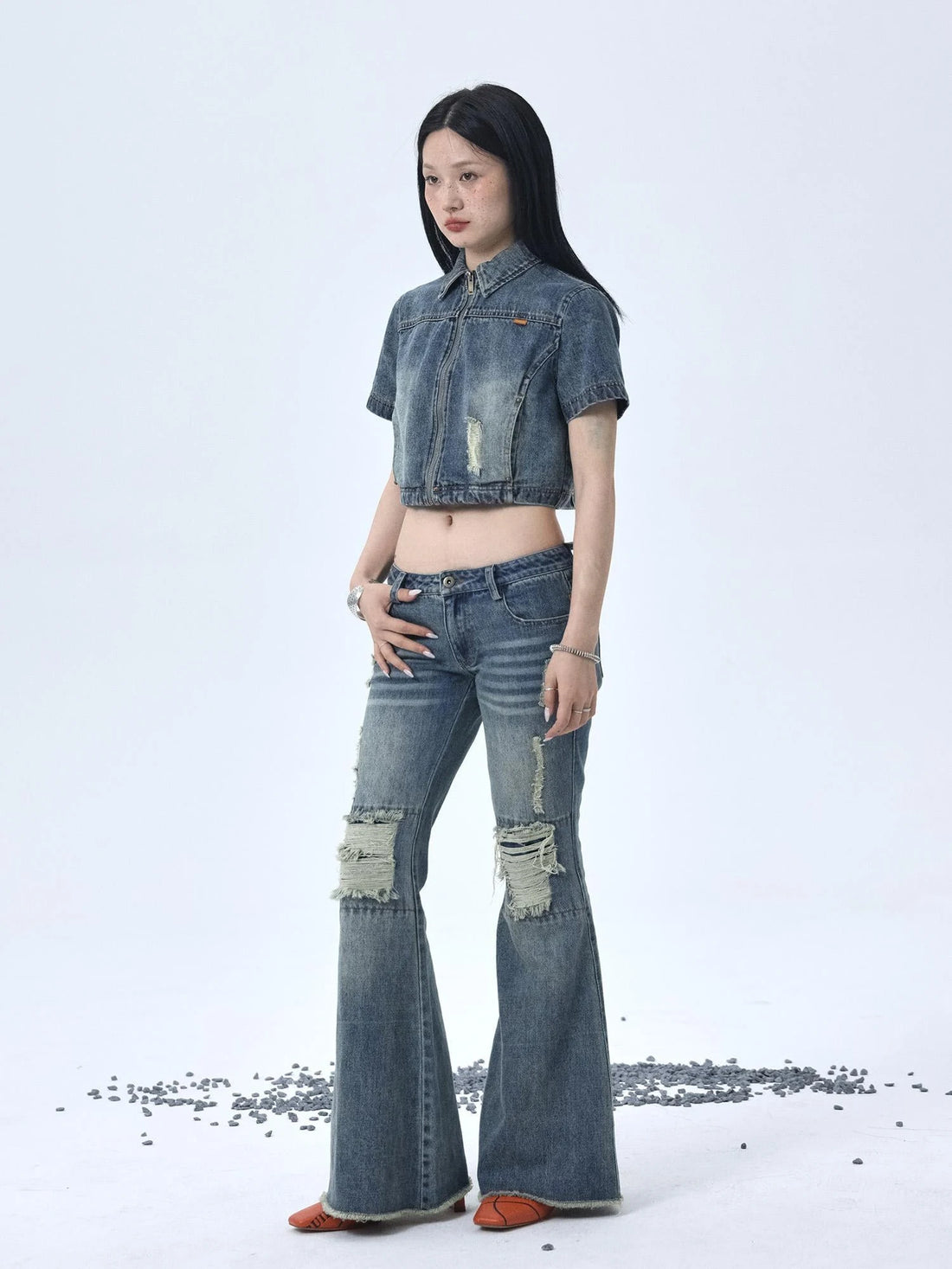 1988 Vintage Low Rise Flared Jeans With Distressed Details