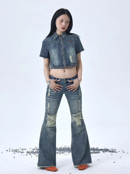 1988 Vintage Low Rise Flared Jeans With Distressed Details