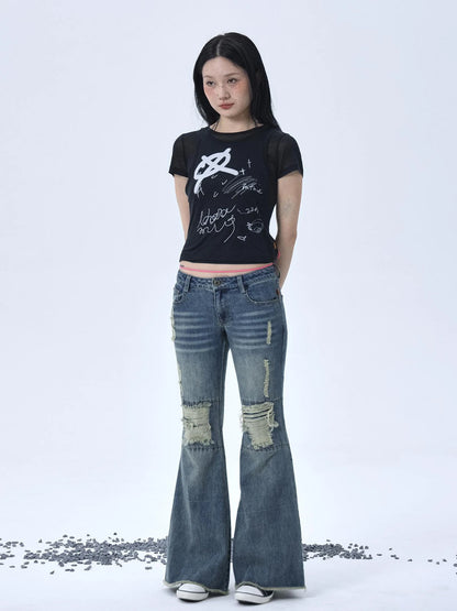 1988 Vintage Low Rise Flared Jeans With Distressed Details