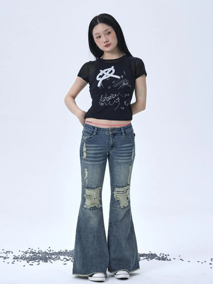 1988 Vintage Low Rise Flared Jeans With Distressed Details