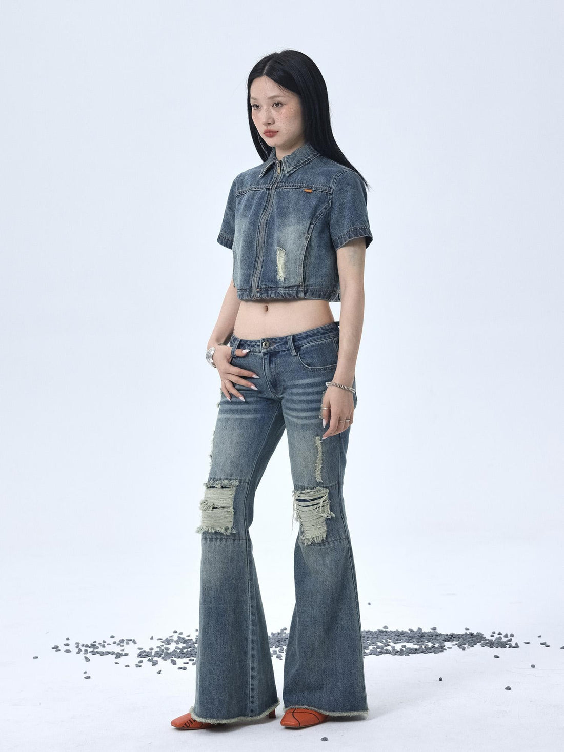 Achihara 1988 Vintage Low Rise Flared Jeans With Distressed Details
