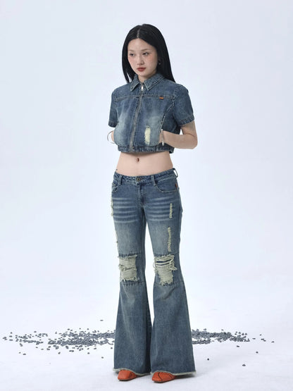 1988 Vintage Low Rise Flared Jeans With Distressed Details