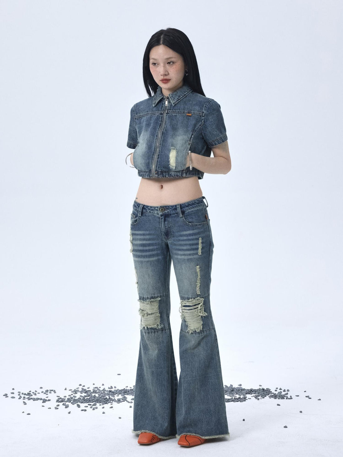 Achihara 1988 Vintage Low Rise Flared Jeans With Distressed Details