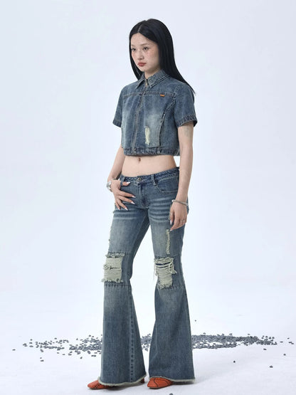1988 Vintage Low Rise Flared Jeans With Distressed Details