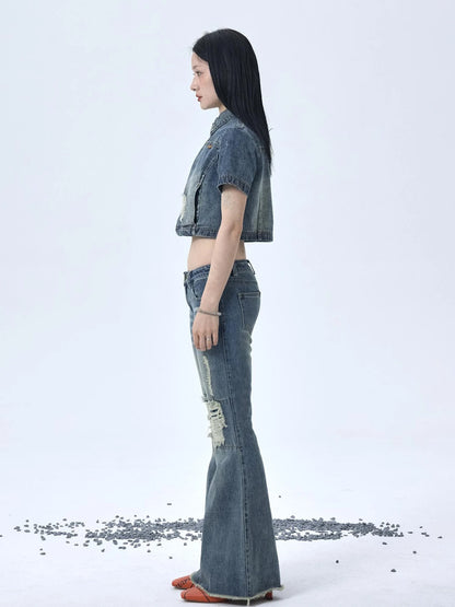 1988 Vintage Low Rise Flared Jeans With Distressed Details