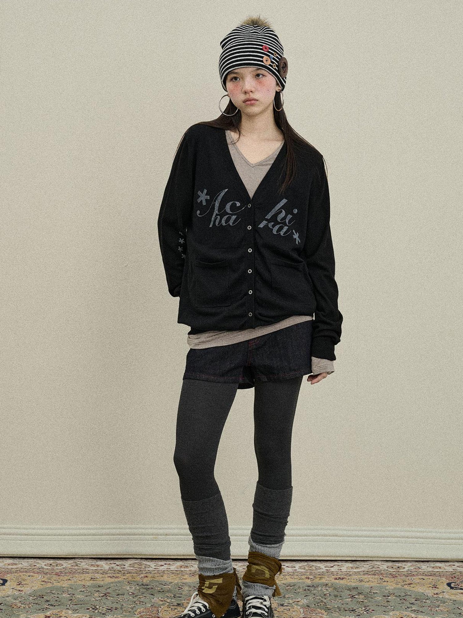 Update Achihara Achihara 2025 Knit Cardigan With Print V-Neck T-Shirt Long-Sleeve