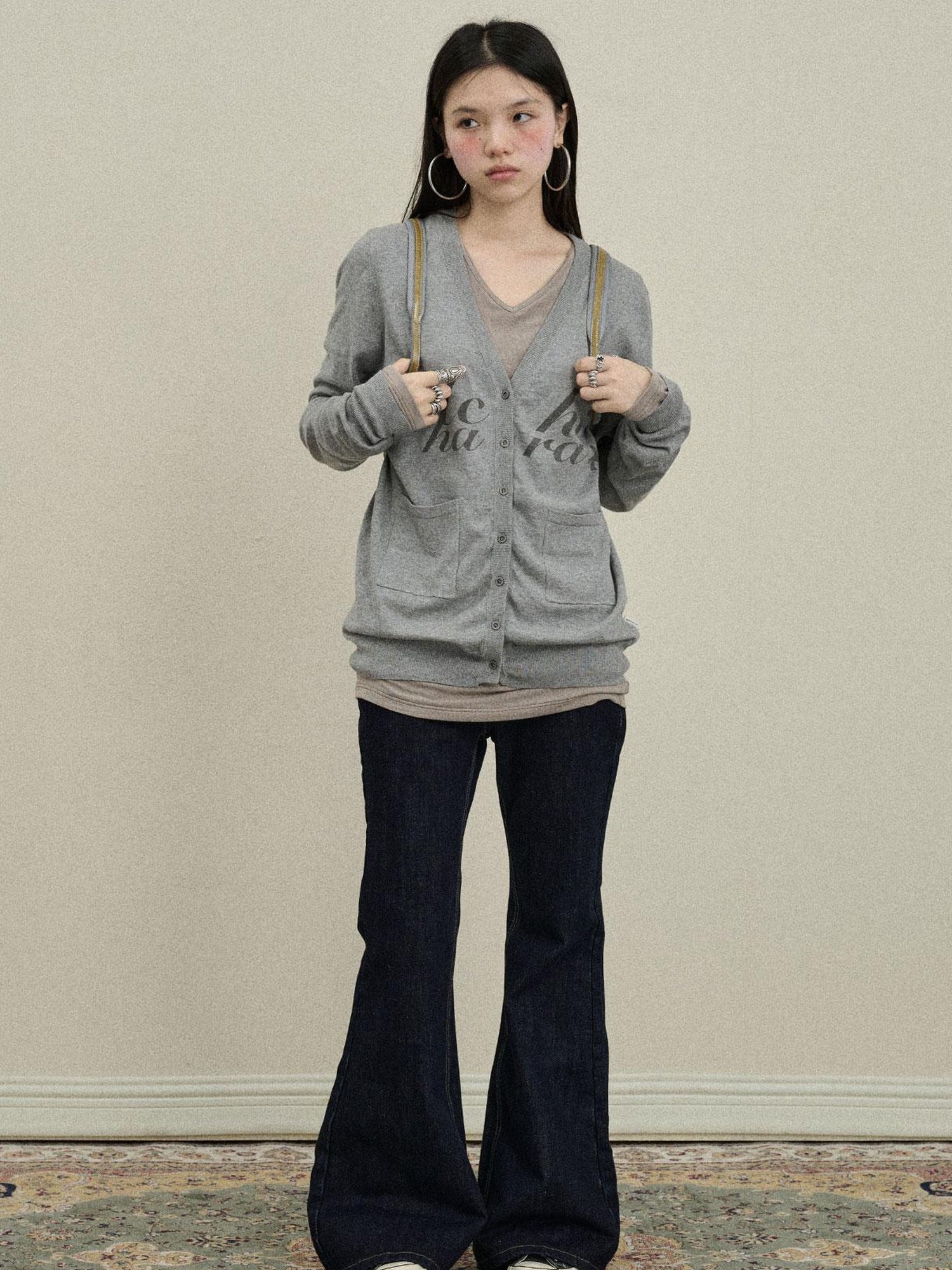 Update Achihara Achihara 2025 Knit Cardigan With Print V-Neck T-Shirt Long-Sleeve