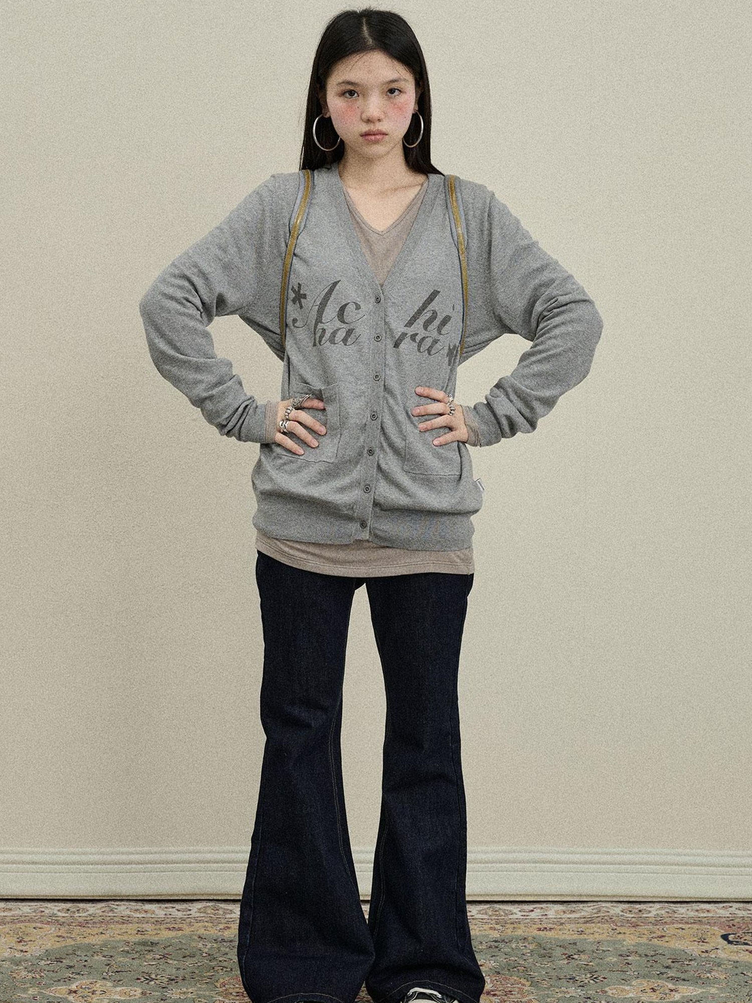 Update Achihara Achihara 2025 Knit Cardigan With Print V-Neck T-Shirt Long-Sleeve