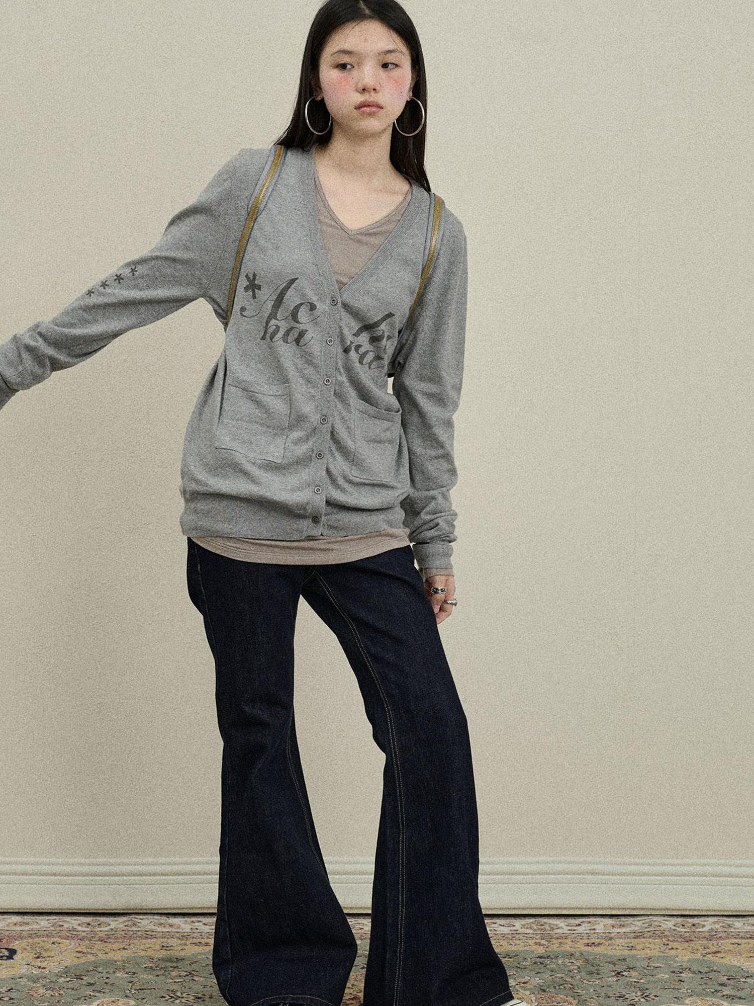Update Achihara Achihara 2025 Knit Cardigan With Print V-Neck T-Shirt Long-Sleeve