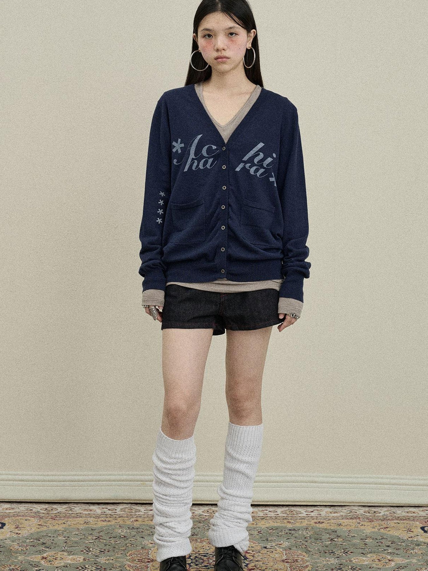 Update Achihara Achihara 2025 Knit Cardigan With Print V-Neck T-Shirt Long-Sleeve