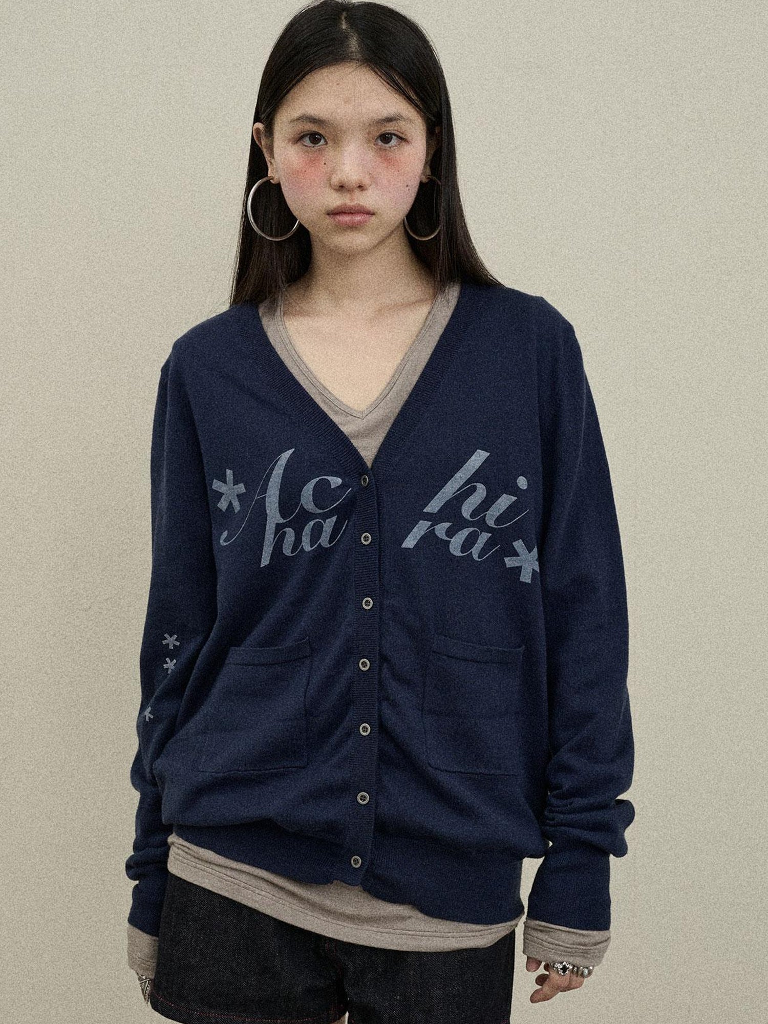 Update Achihara Achihara 2025 Knit Cardigan With Print V-Neck T-Shirt Long-Sleeve