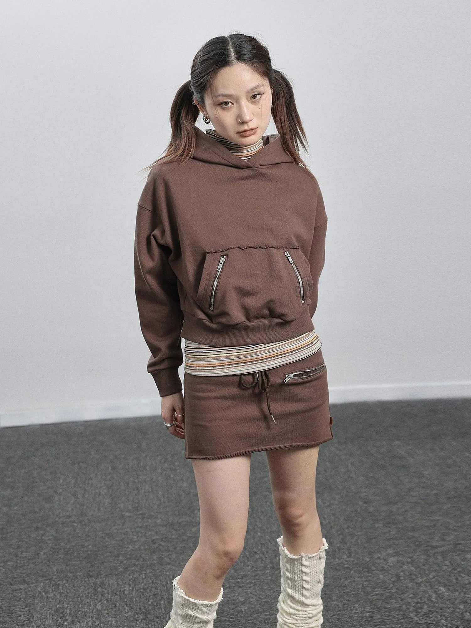 Achihara Hooded Zip Up Sweatshirt &amp; Skirt Set