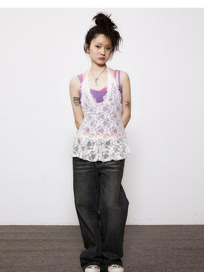 Achihara Adjustable Bow Halter Top With Wave Hem